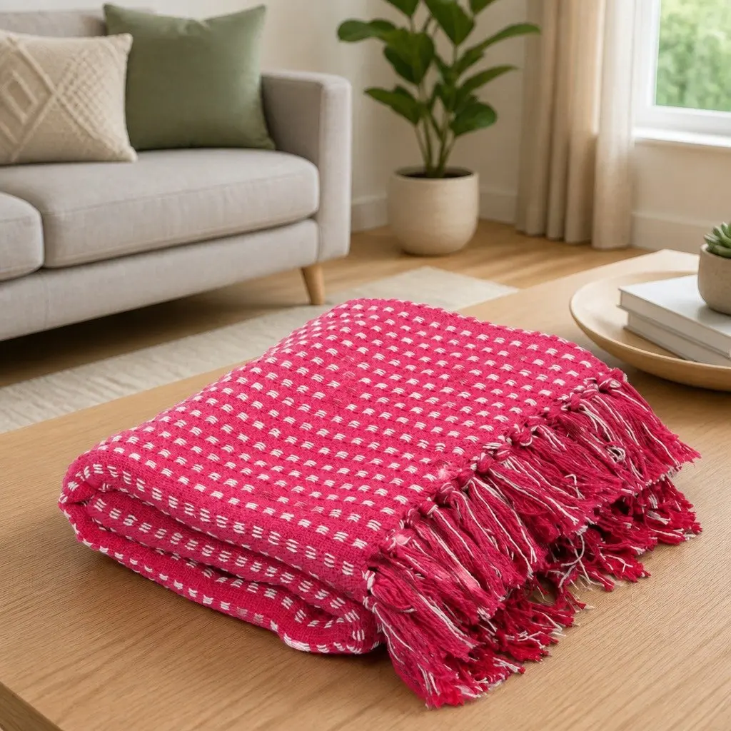 Cotton Throw Blanket for Sofa Bed Chair 160x210 cm Pink Plaid Tassel