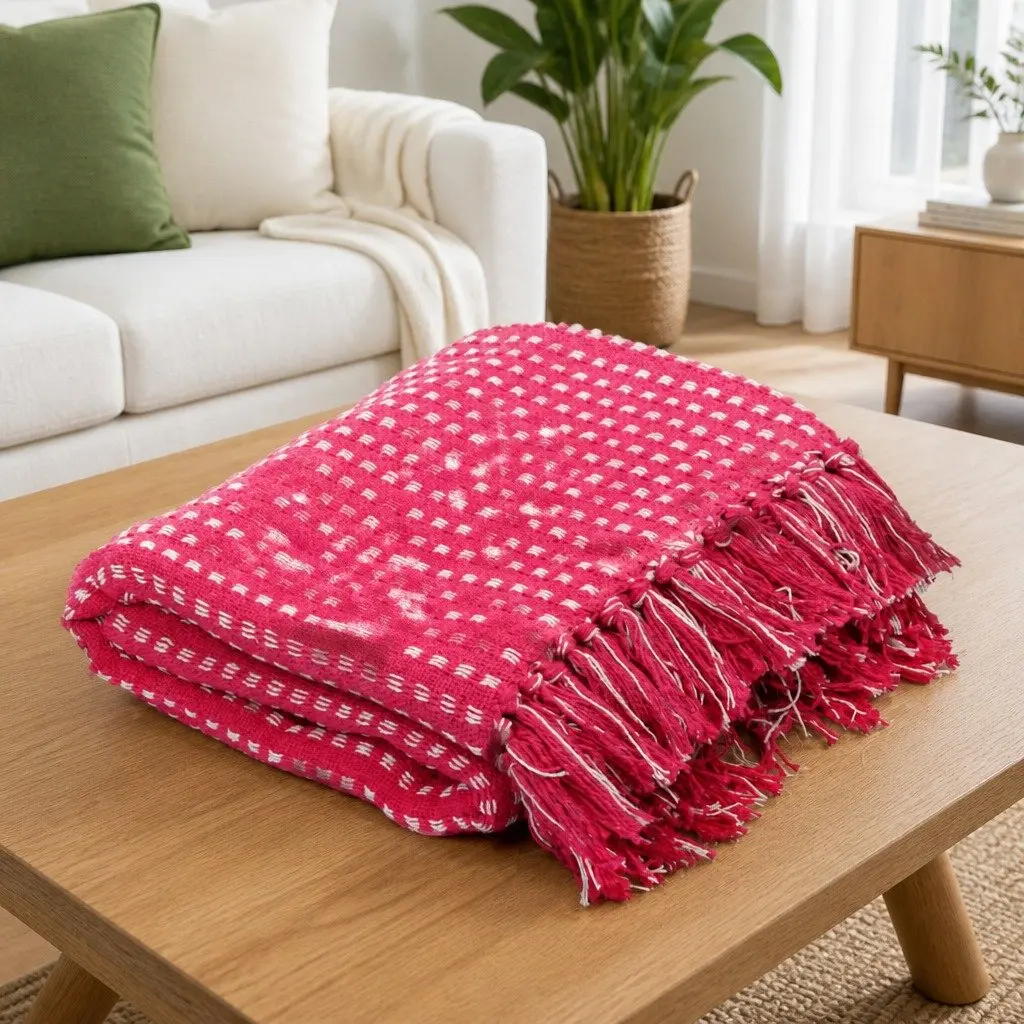 Cotton Throw Blanket for Bedroom Sofa Chair 220x250 cm Pink Plaid Soft