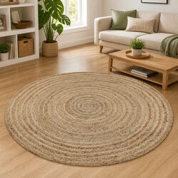Round Area Rug Braided Jute Natural Beige 120cm Handwoven Home Decor Carpet