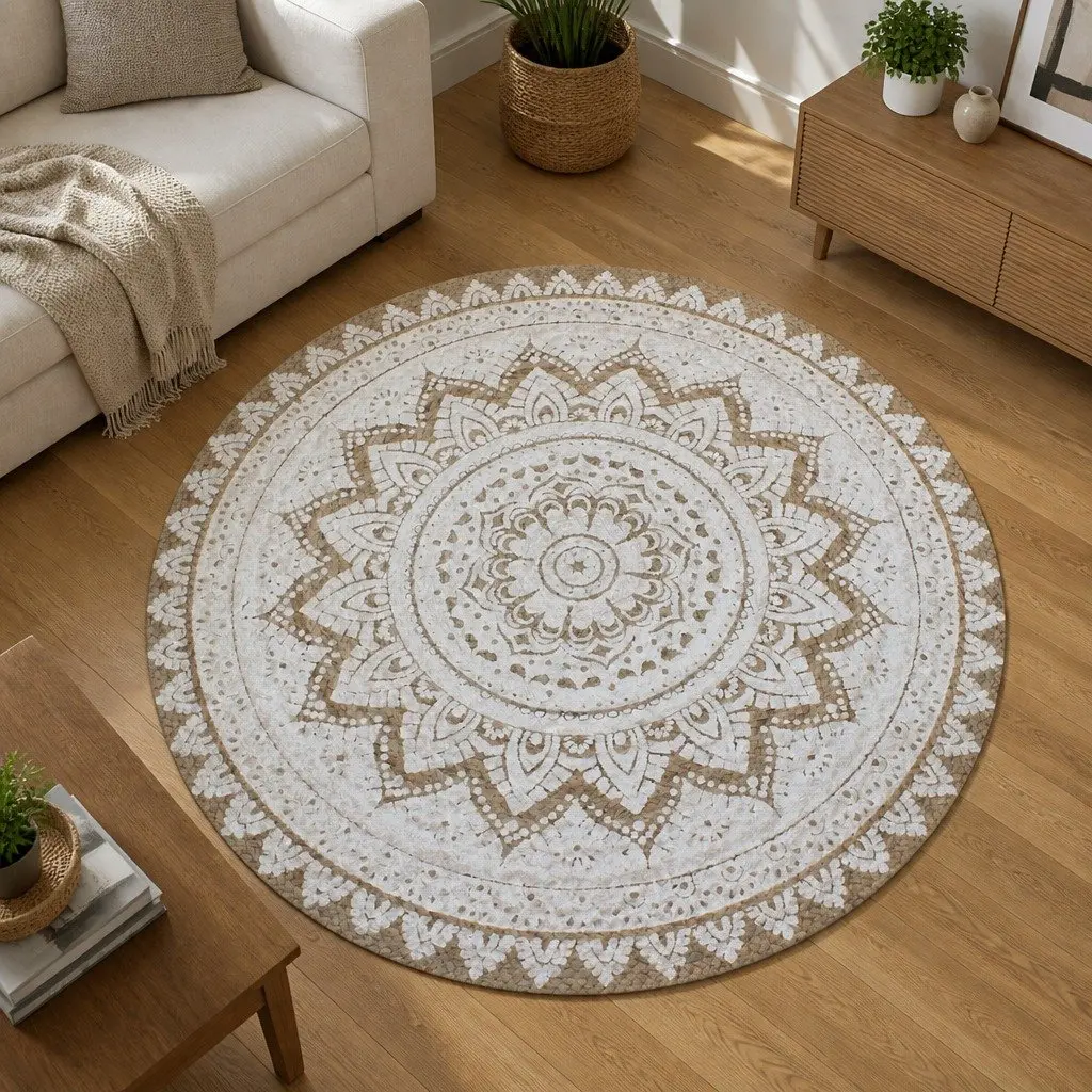 Beige Round Handwoven Jute Rug 90cm
