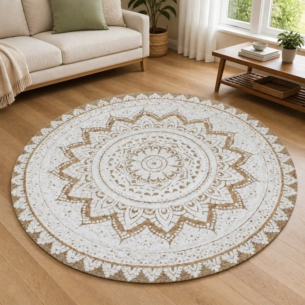 Round Braided Jute Area Rug with Mandala Print Home Decor Floor Carpet 120cm