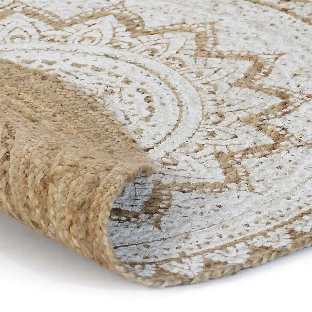 Round Braided Jute Area Rug with Mandala Print Home Decor Floor Carpet 120cm