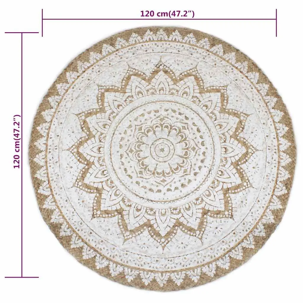 Round Braided Jute Area Rug with Mandala Print Home Decor Floor Carpet 120cm
