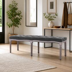 Padded Storage Bench Grey Linen Upholstered Entryway Seating Solid Wood Frame