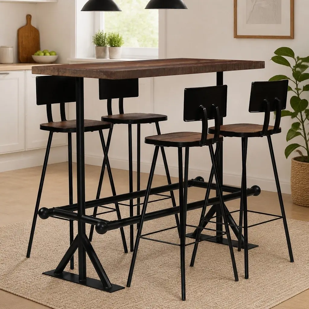 Bar Set 5 Piece Dining Room Reclaimed Wood Table Chairs Industrial Brown