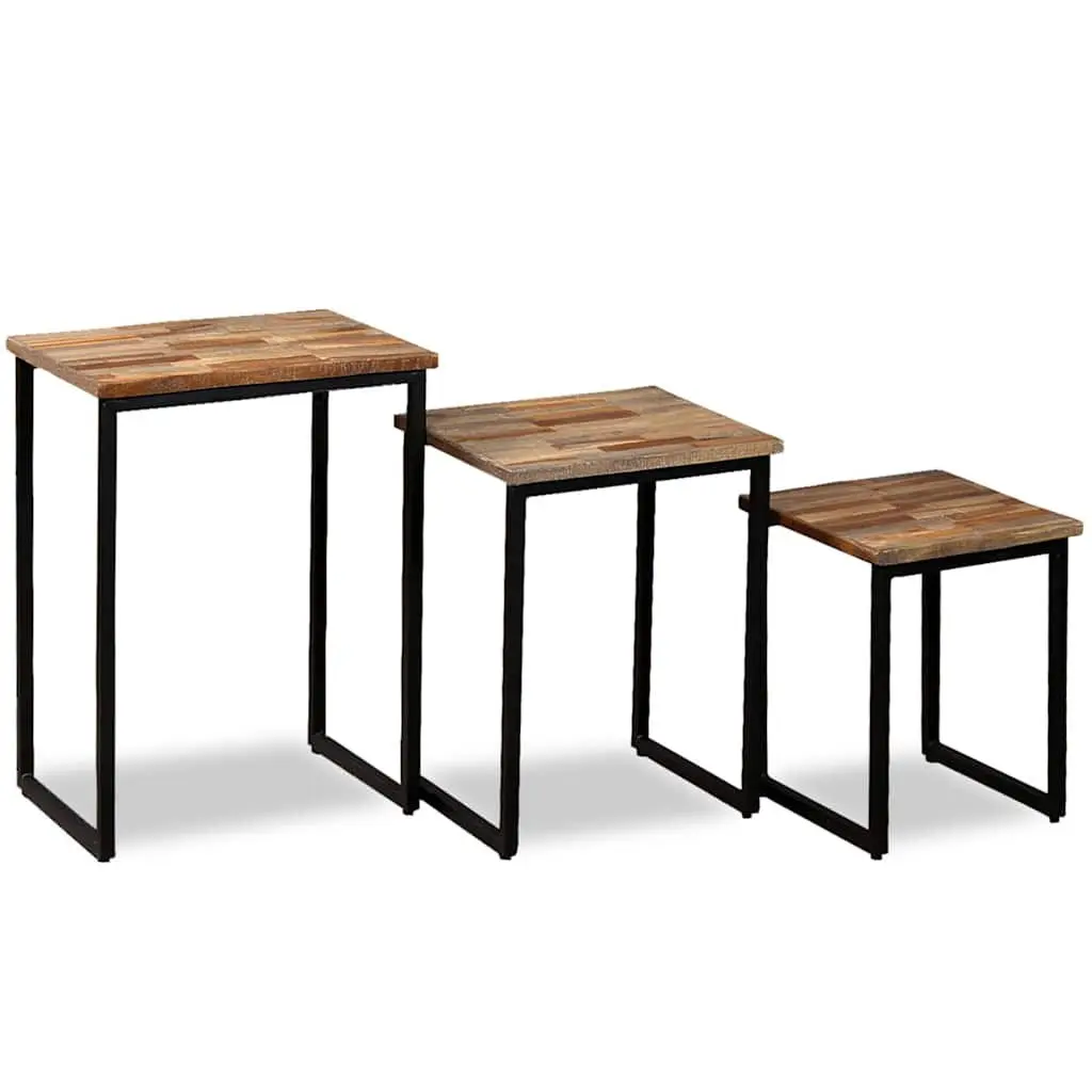 3 Piece Nesting Coffee Table Set Reclaimed Teak Industrial Style Brown Accent