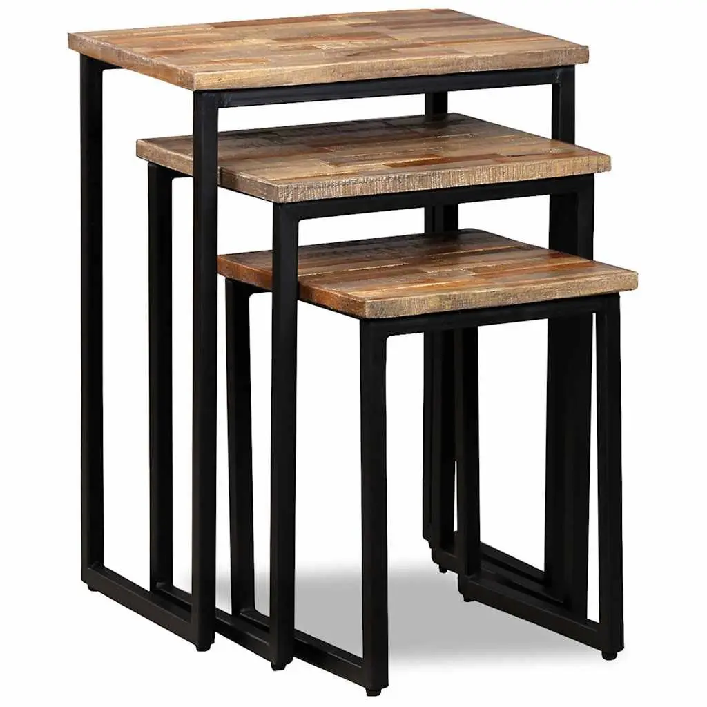 3 Piece Nesting Coffee Table Set Reclaimed Teak Industrial Style Brown Accent