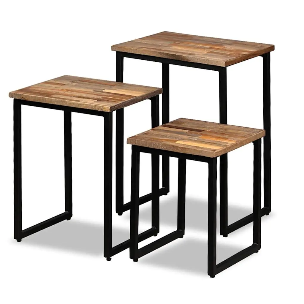 3 Piece Nesting Coffee Table Set Reclaimed Teak Industrial Style Brown Accent