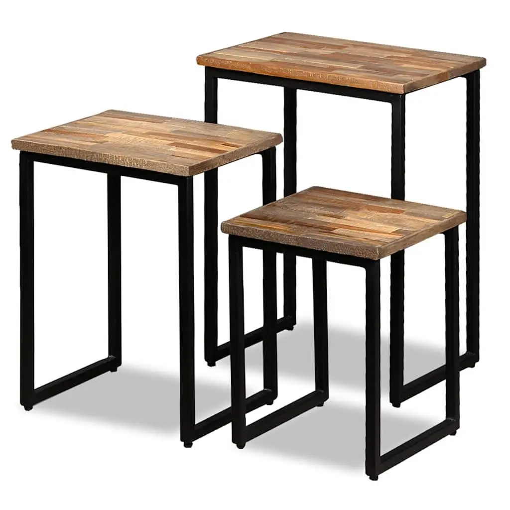 3 Piece Nesting Coffee Table Set Reclaimed Teak Industrial Style Brown Accent