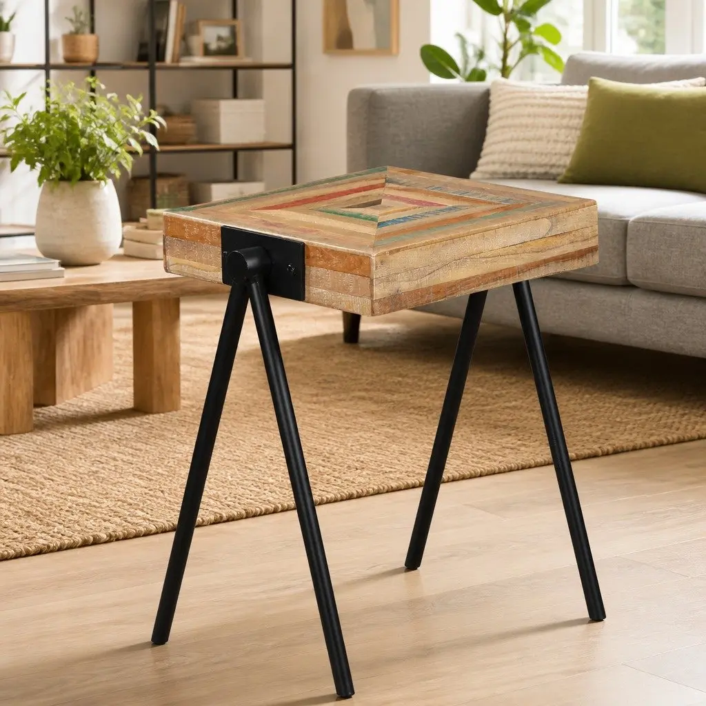 End Table with Reclaimed Wood and Steel Legs