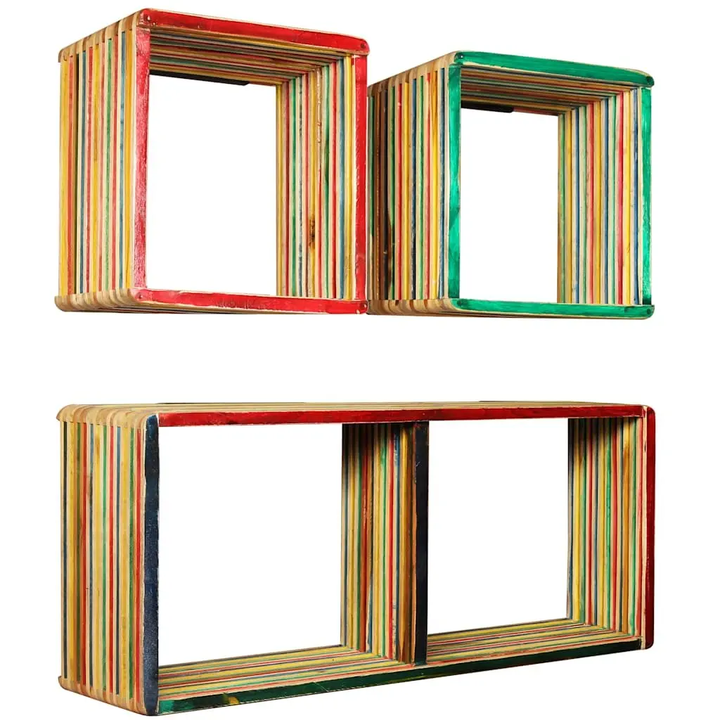 Wall Shelf Set for Storage and Display 3 Piece Multicolour Reclaimed Teak