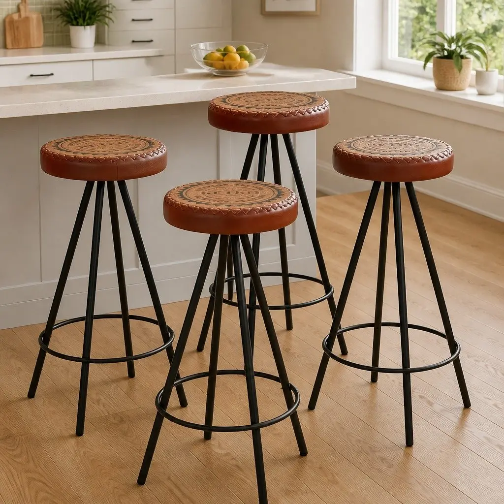 Bar Stools Set of 4 Industrial Style Leather Canvas Upholstered for Home Bar Restaurant