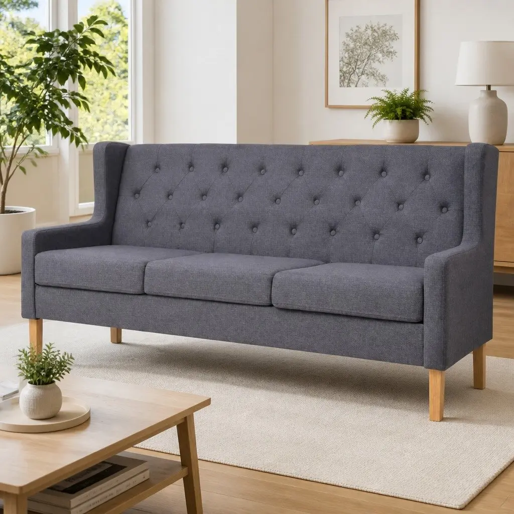 3-Seater Sofa Grey Fabric Living Room Couch