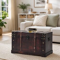 Vintage Wooden Storage Chest Brown Antique Style Treasure Box Latch Closure