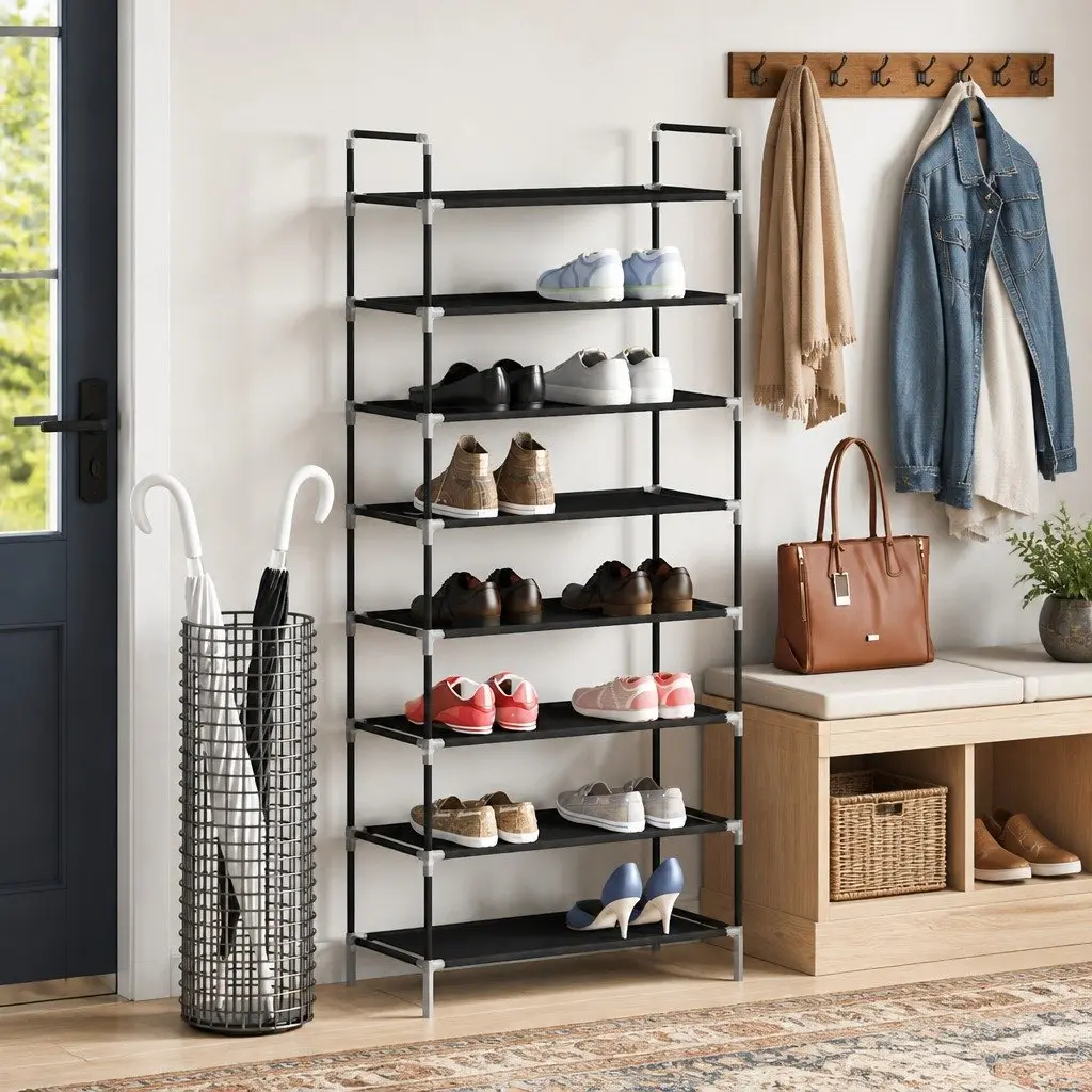 Shoe Rack for Home Organisation 8 Shelves Black Non-woven Fabric Metal Frame