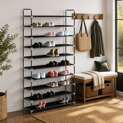 Black Metal Shoe Rack with 10 Non-Woven Fabric Shelves