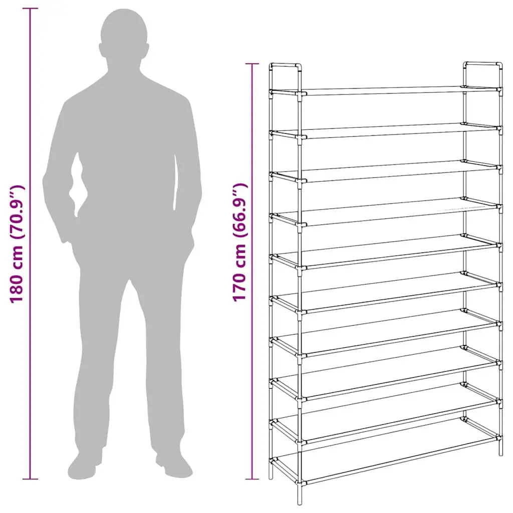 Shoe Rack for Home Organisation 10 Shelves Black Metal Frame Non-woven Fabric
