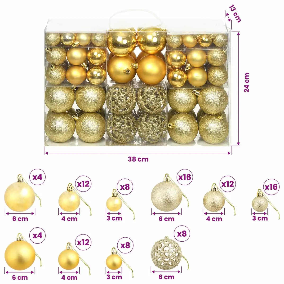 Christmas Ball Ornaments Set for Tree Decoration 100 Pieces Gold 3cm 4cm 6cm Shatterproof