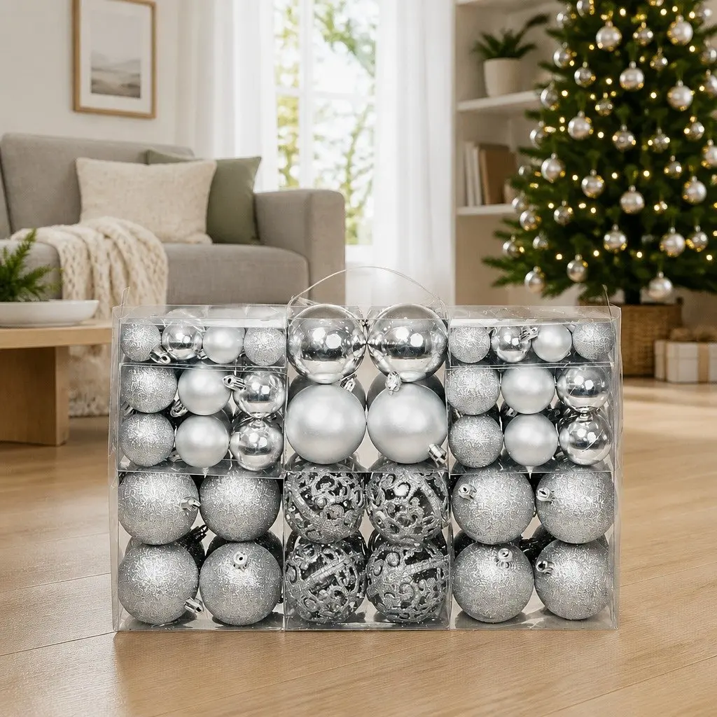 Christmas Ball Ornament Set 100 Piece Silver Holiday Decoration 3cm 4cm 6cm