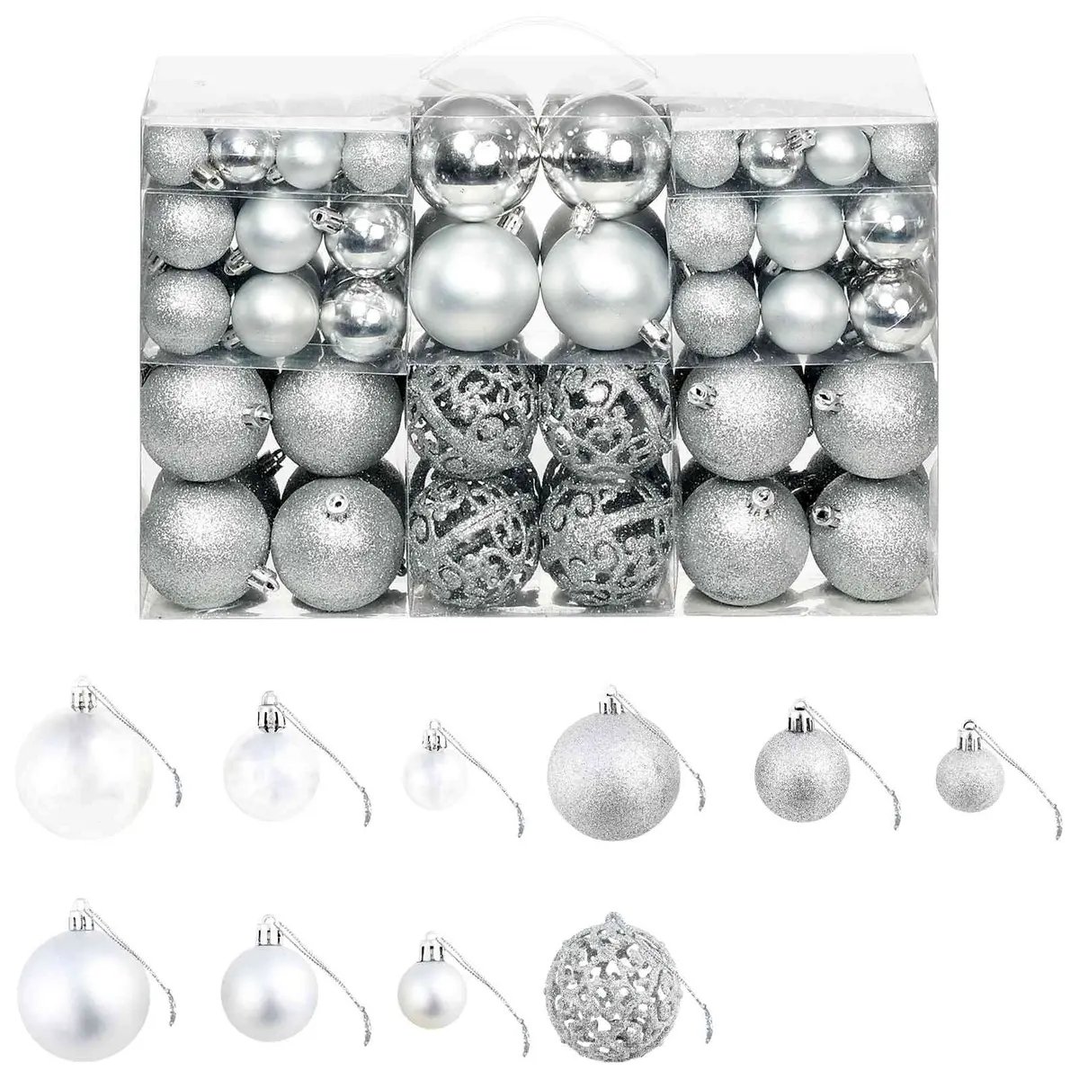 Christmas Ball Ornament Set 100 Piece Silver Holiday Decoration 3cm 4cm 6cm