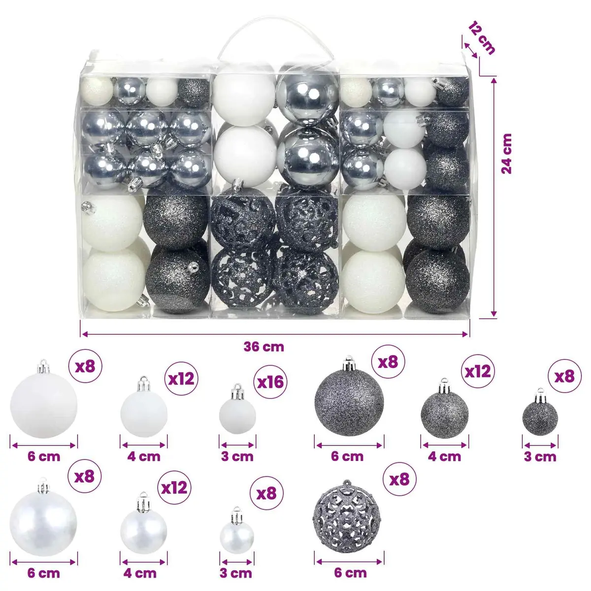 Christmas Ball Ornament Set 100 Piece 3cm 4cm 6cm White Grey Shatterproof