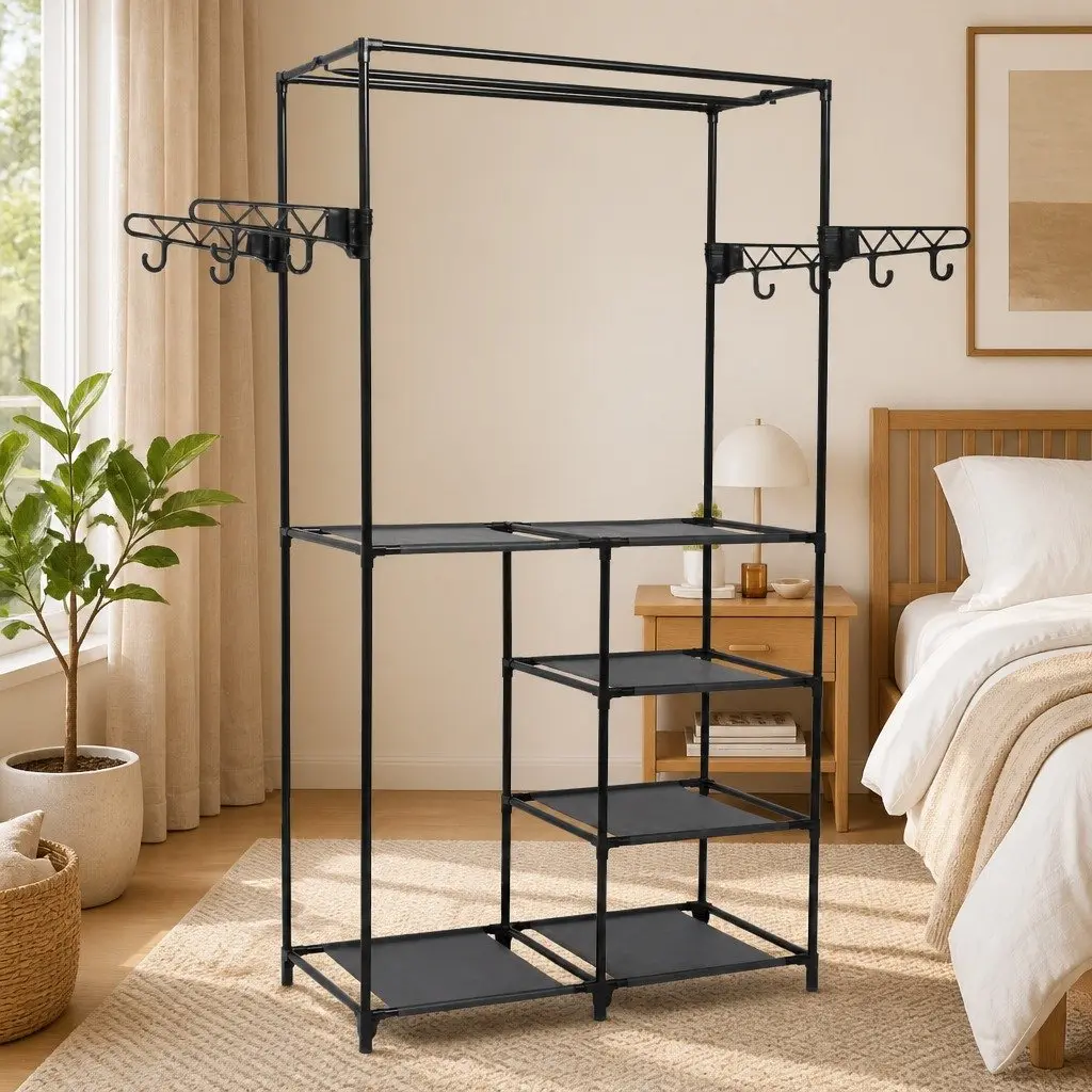 Clothes Rack Steel Frame with Non-woven Fabric Shelves Garment Storage