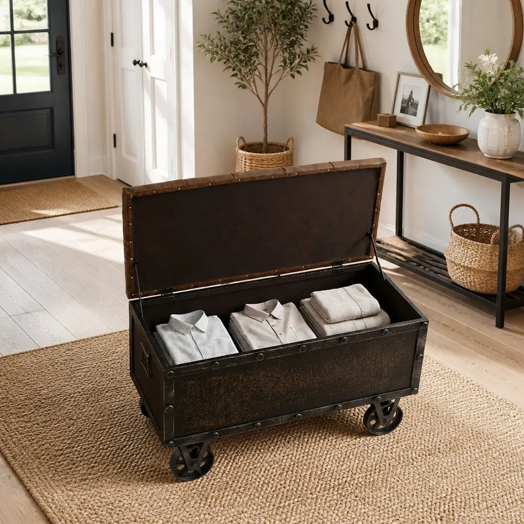 Storage Bench 80.5x41x50cm Solid Wood Artificial Leather Tufted Cushion Wheels