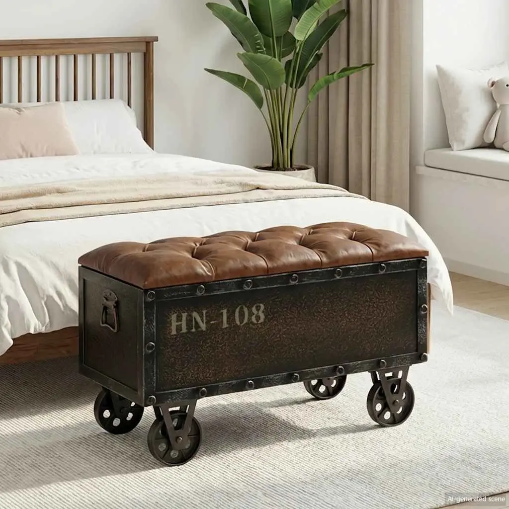 Storage Bench for Bedroom Hallway Living Room 80.5x41x50cm Solid Wood Artificial Leather Tufted Cushion with Wheels