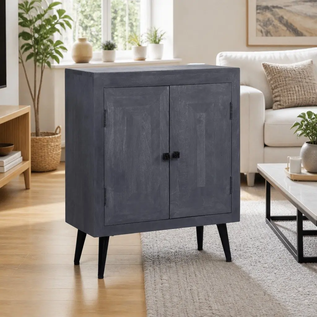 Sideboard Grey Solid Mango Wood Cabinet Storage Furniture Buffet Retro Style