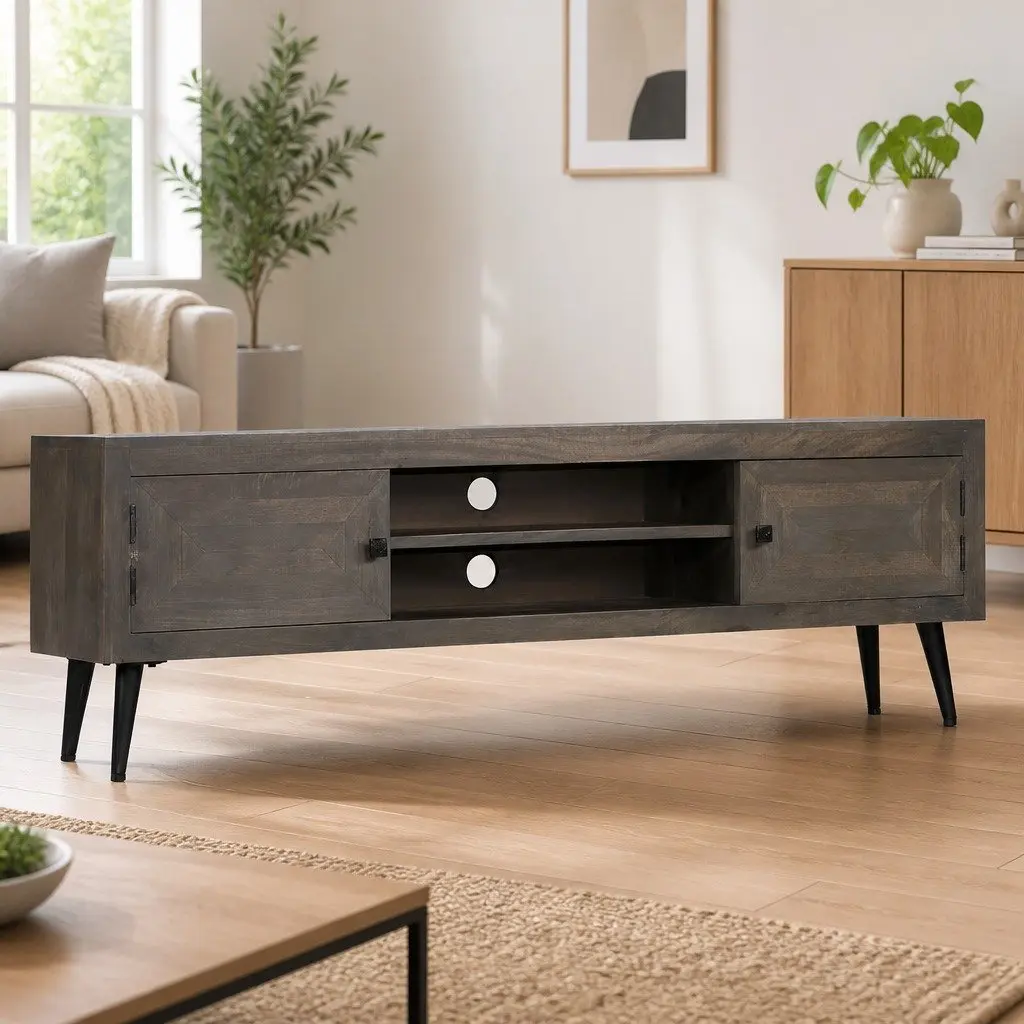 TV Cabinet Solid Mango Wood Storage Unit 140cm Grey