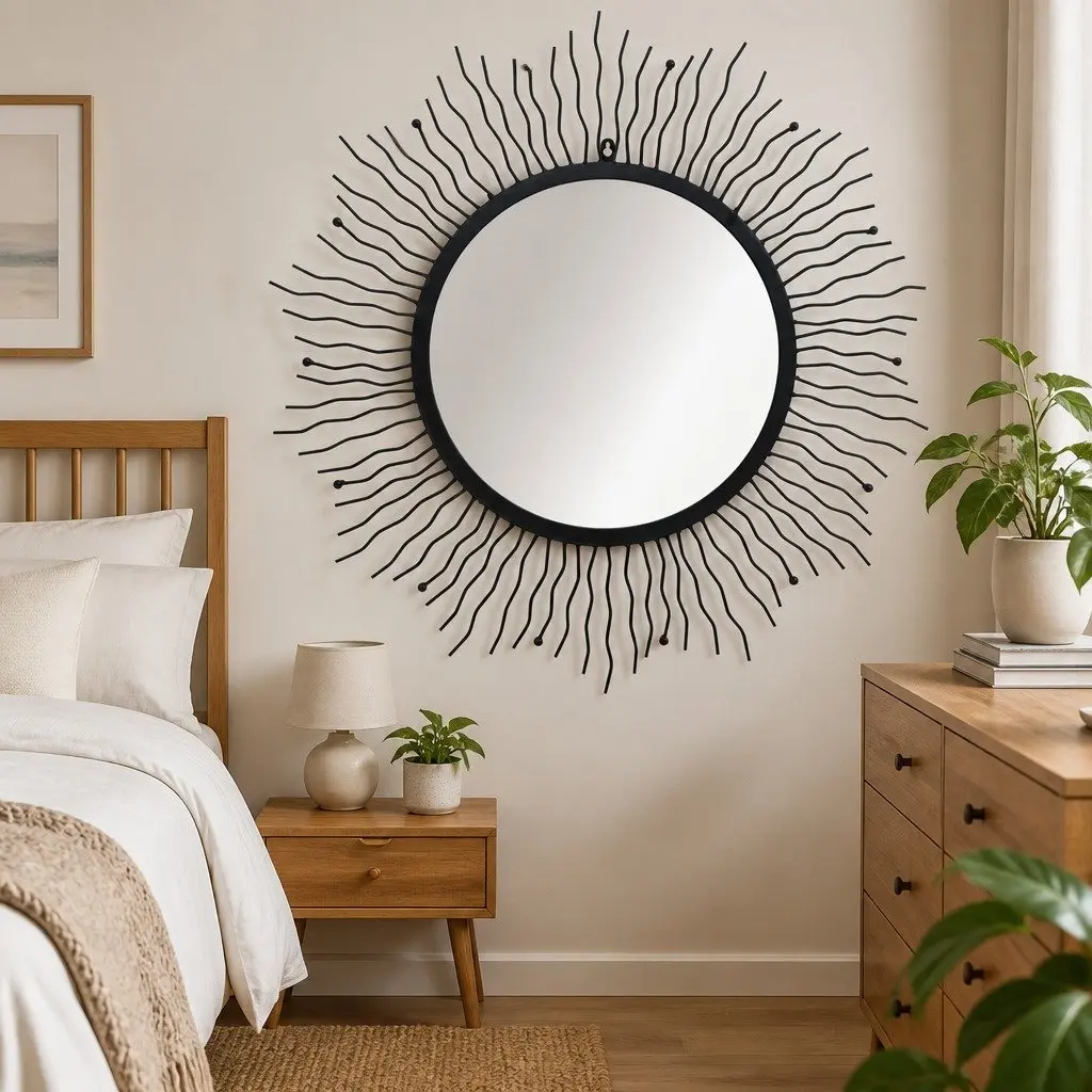 Sunburst Wall Mirror 80cm Black Round Decorative for Bathroom Bedroom Home Decor