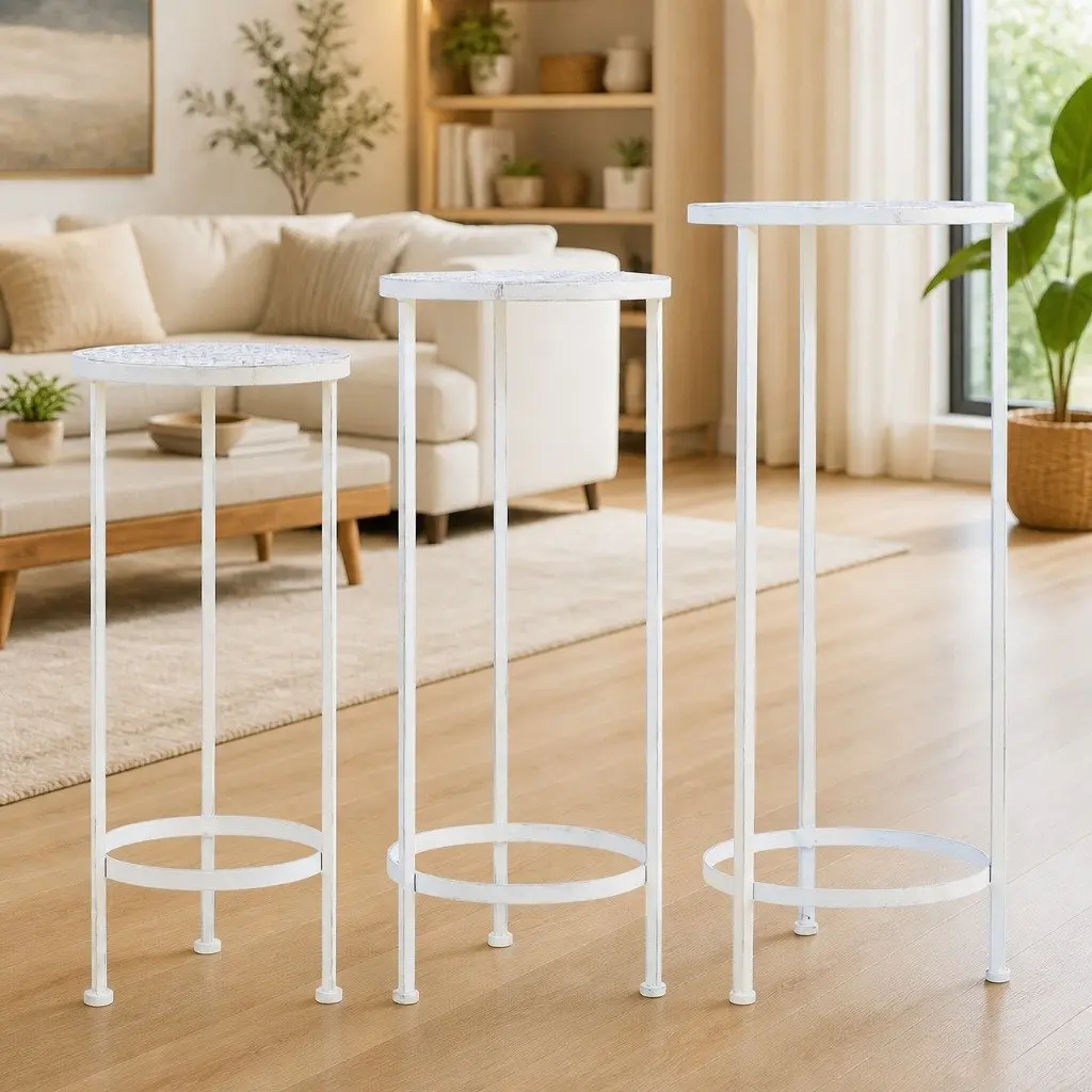 Metal Vintage Nesting Plant Stands Set 3 Pieces Antique White Garden Decor