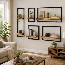 5 Wall Shelf Units with Acacia Hardwood and Steel Frames
