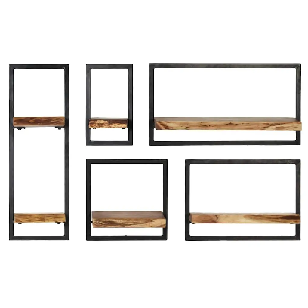Wall Shelf Set 5 Pieces Home Use Various Sizes Acacia Wood Steel Frame Retro Display Storage Brown