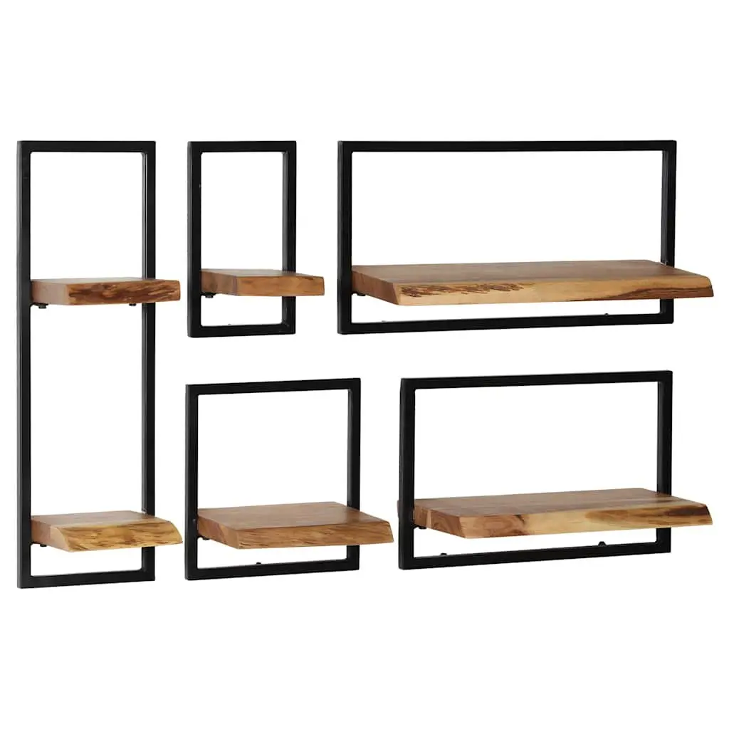 Wall Shelf Set 5 Pieces Home Use Various Sizes Acacia Wood Steel Frame Retro Display Storage Brown
