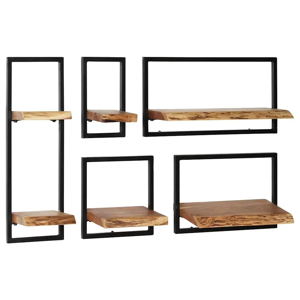 Wall Shelf Set 5 Pieces Home Use Various Sizes Acacia Wood Steel Frame Retro Display Storage Brown