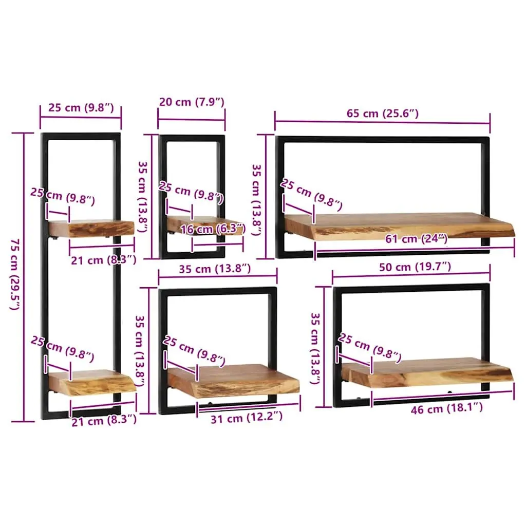Wall Shelf Set 5 Pieces Home Use Various Sizes Acacia Wood Steel Frame Retro Display Storage Brown