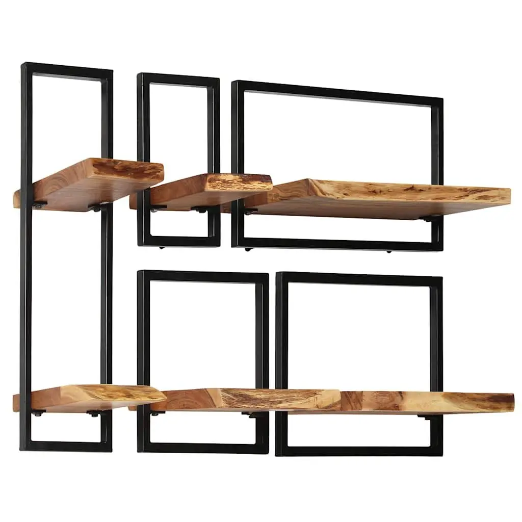 Wall Shelf Set 5 Pieces Home Use Various Sizes Acacia Wood Steel Frame Retro Display Storage Brown