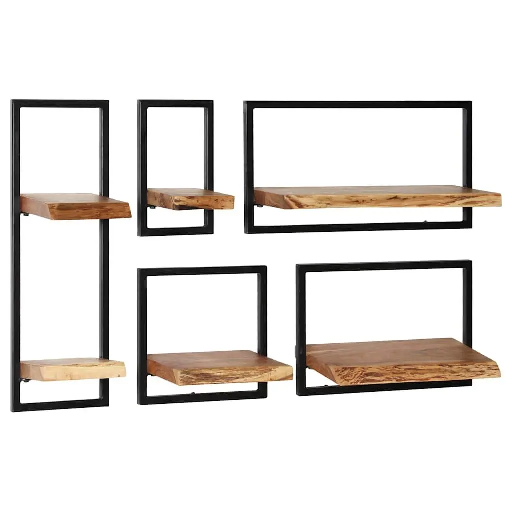 Wall Shelf Set 5 Pieces Home Use Various Sizes Acacia Wood Steel Frame Retro Display Storage Brown