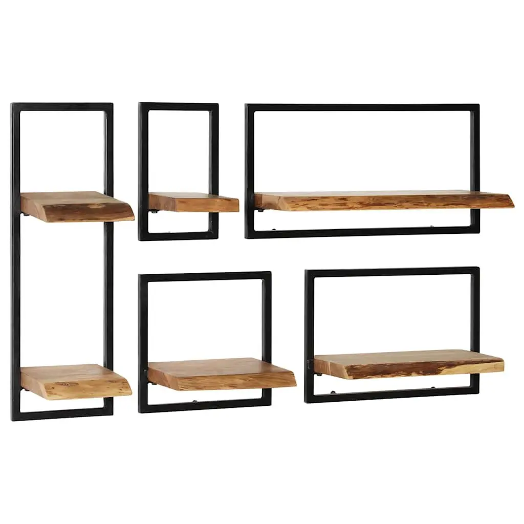 Wall Shelf Set 5 Pieces Home Use Various Sizes Acacia Wood Steel Frame Retro Display Storage Brown