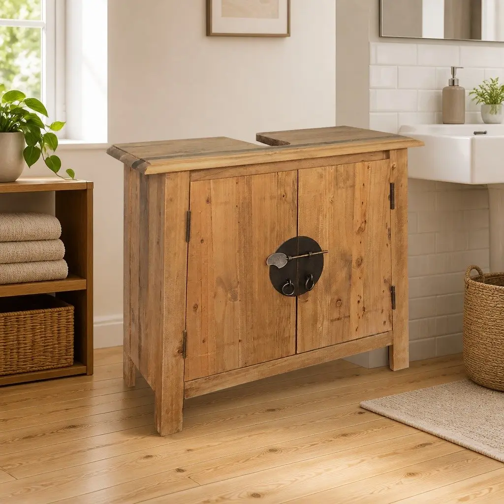Bathroom Vanity Cabinet for Bathroom 70W x 32D x 63H cm Solid Pinewood Brown Retro Storage Unit