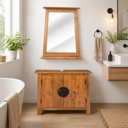 Retro Brown Wooden Bathroom Set: Vanity Cabinet and Mirror