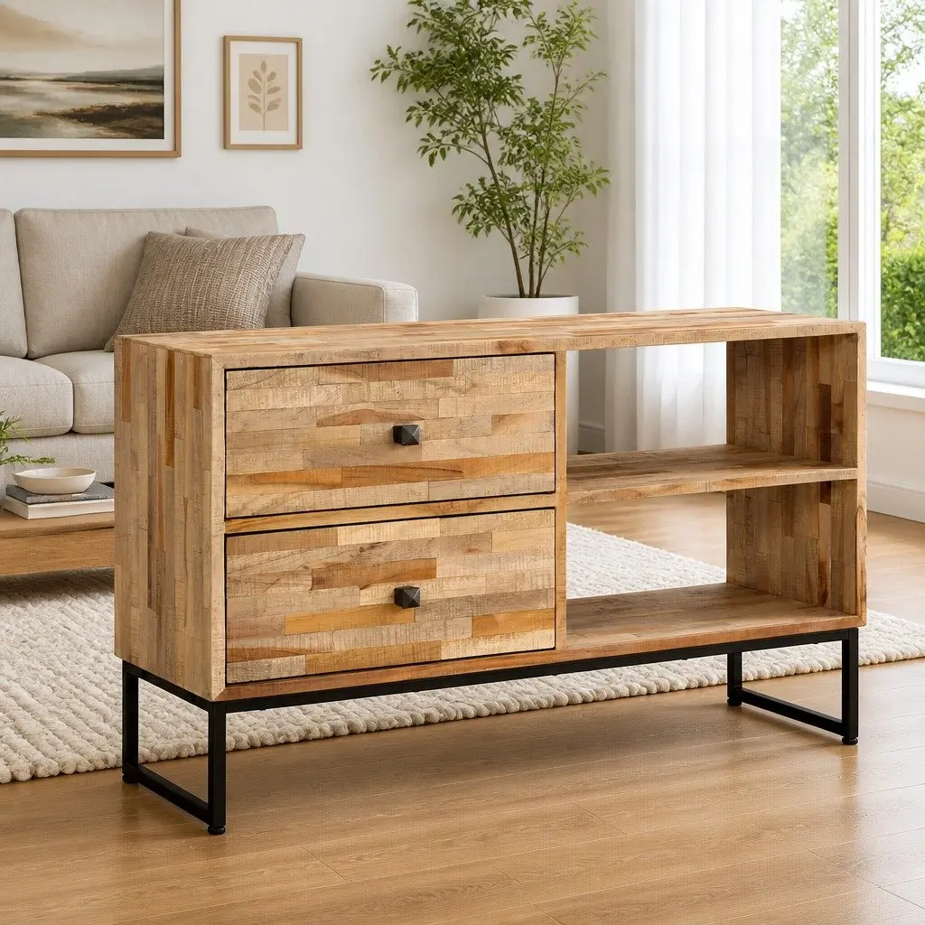 TV Cabinet Reclaimed Teak Wood Handmade Lowboard Storage Unit 90x30x55cm Rustic