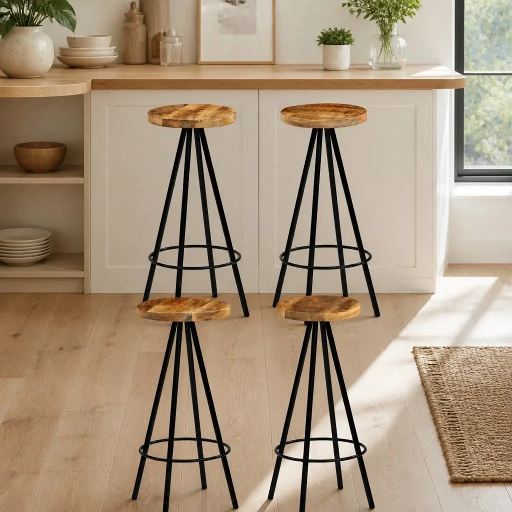 Bar Stools Kitchen Dining 4 Piece Solid Mango Wood Chairs