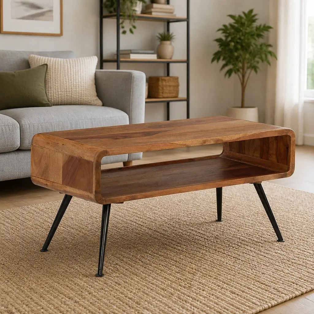 Coffee Table Solid Acacia Wood Brown Vintage Accent Living Room Furniture
