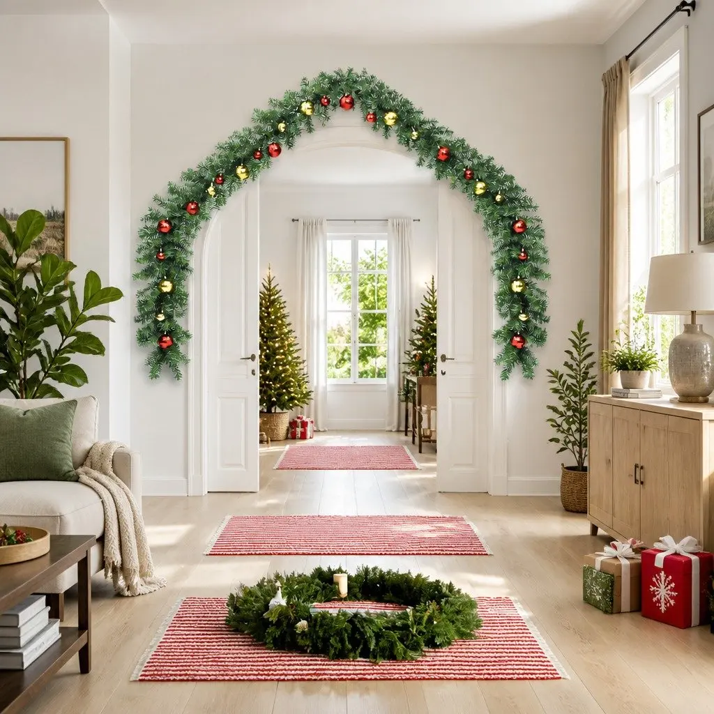 Christmas Garland Decoration for Home 10m Green with Baubles and LED Lights