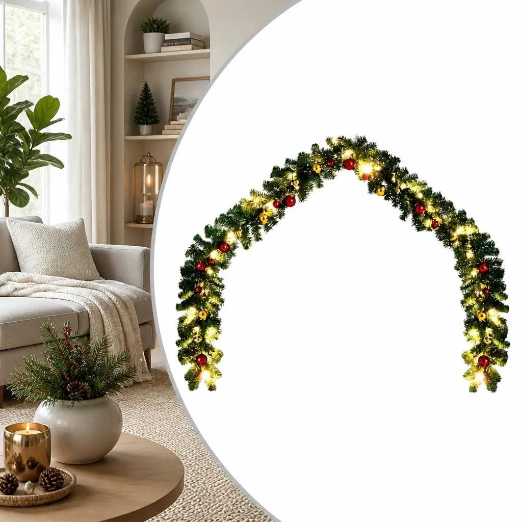 Christmas Garland 20m Green for Banister Fireplace with Baubles and LED Lights