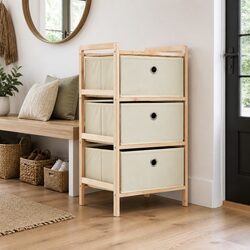 Storage Rack with 3 Fabric Baskets Wooden Organizer Unit Home Furniture Beige