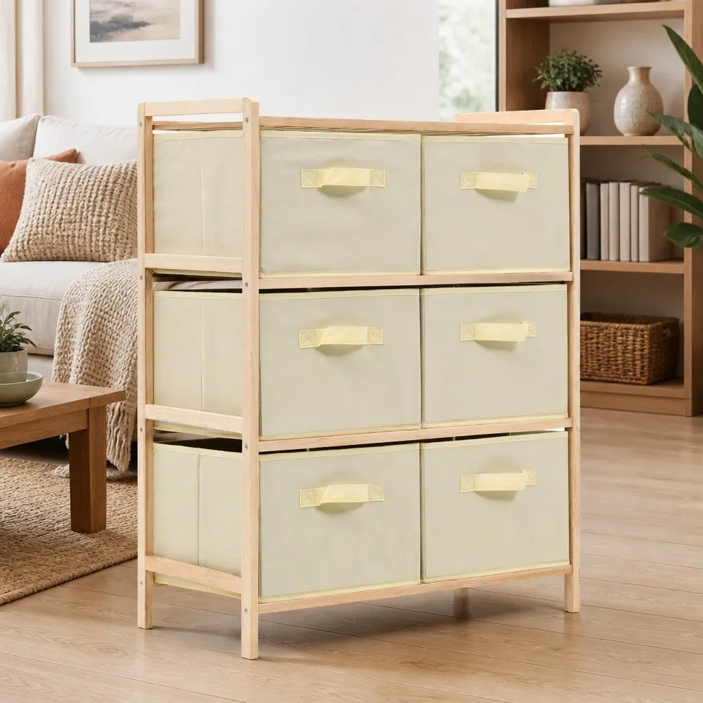 Storage Rack for Home with 6 Fabric Baskets Cedar Wood Lightweight