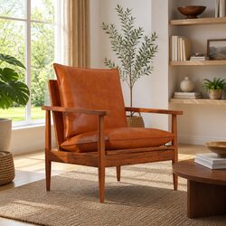 Armchair Brown Leather Acacia Wood Frame Living Room Seating Relaxation